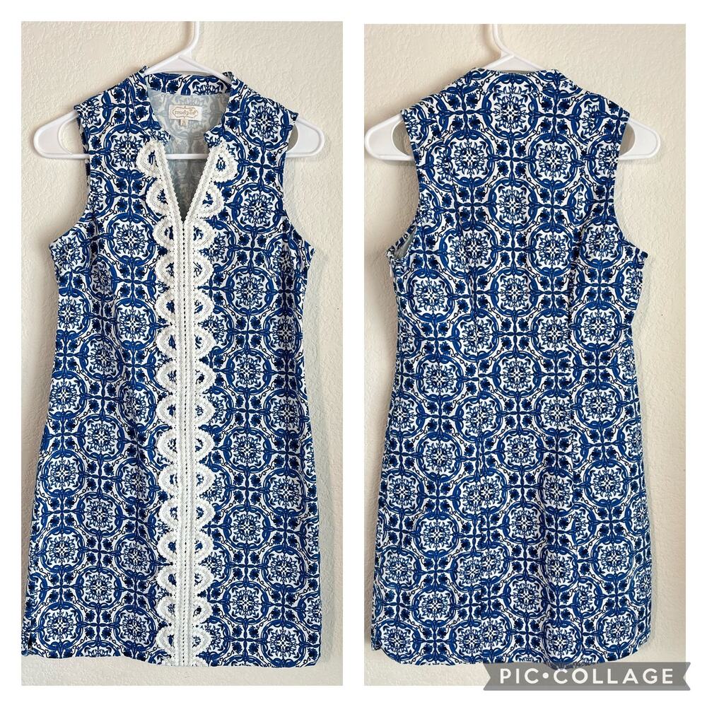 MUDPIE 'Mia' Sleeveless Crochet V Neck Shift Dress Size Small Blue China
